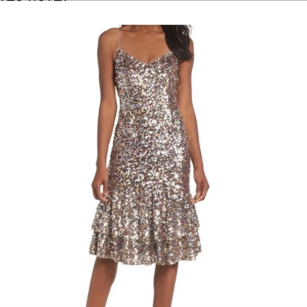 Adrianna Papell ruffle hem sequin midi dress